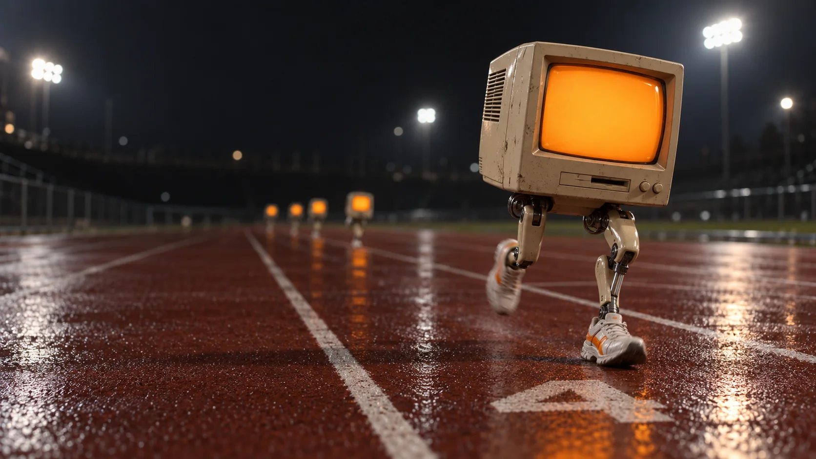 The runner caught mid-stride on lane four, one shoe off the track.